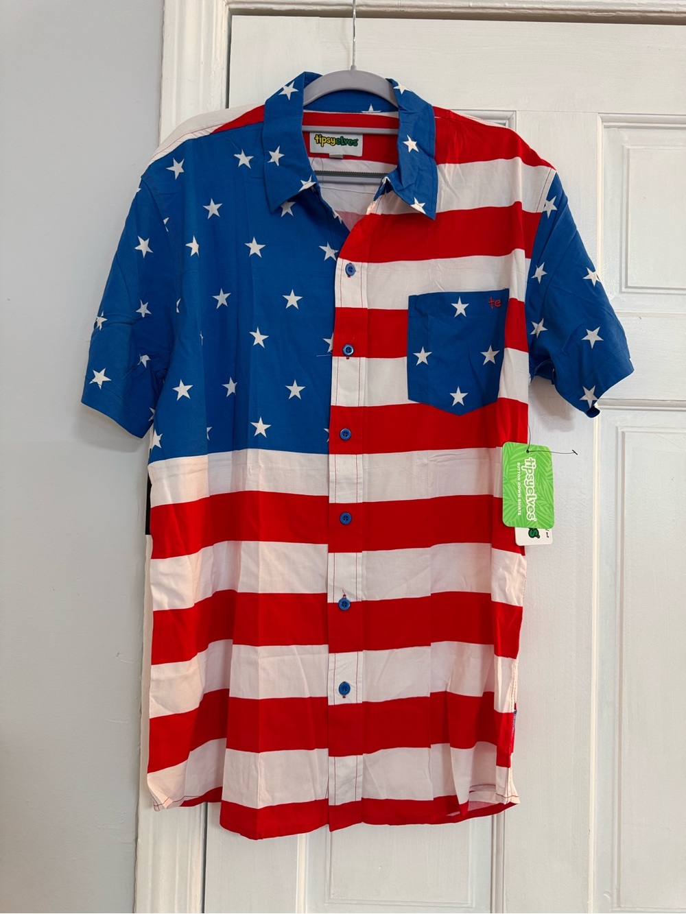 Tipsy Elves American Flag Button Up Shirt USA Patriotic Stars Stripes Size L